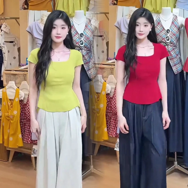 新款2025夏日韩版小方领设计后背绑带设计小衫针织衫修身短款上衣