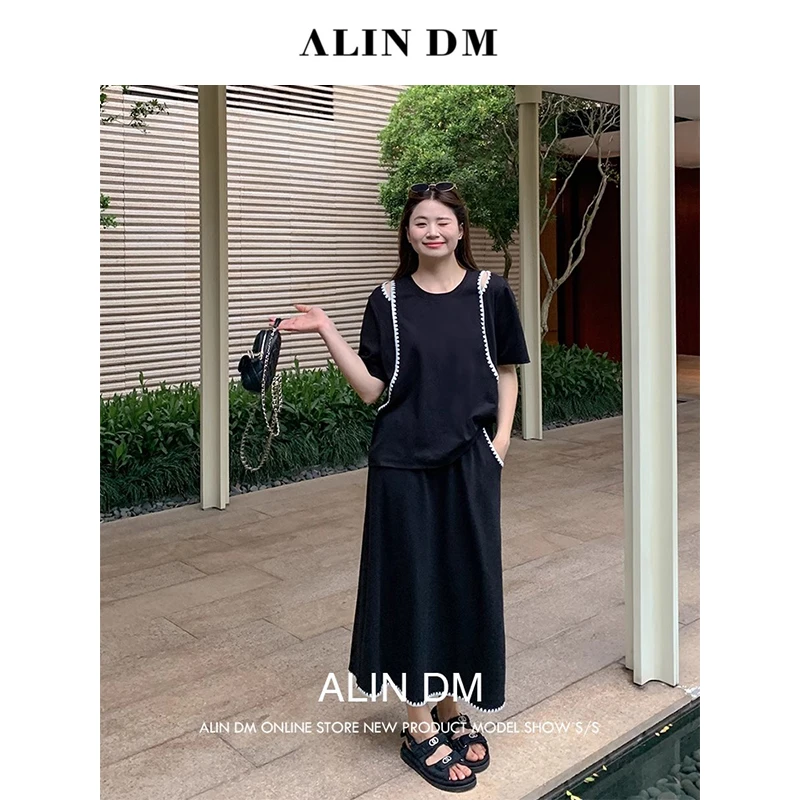 ALINDM【罗曼织梦】大码微胖mm假两件短袖法式高腰半身裙-IG80011