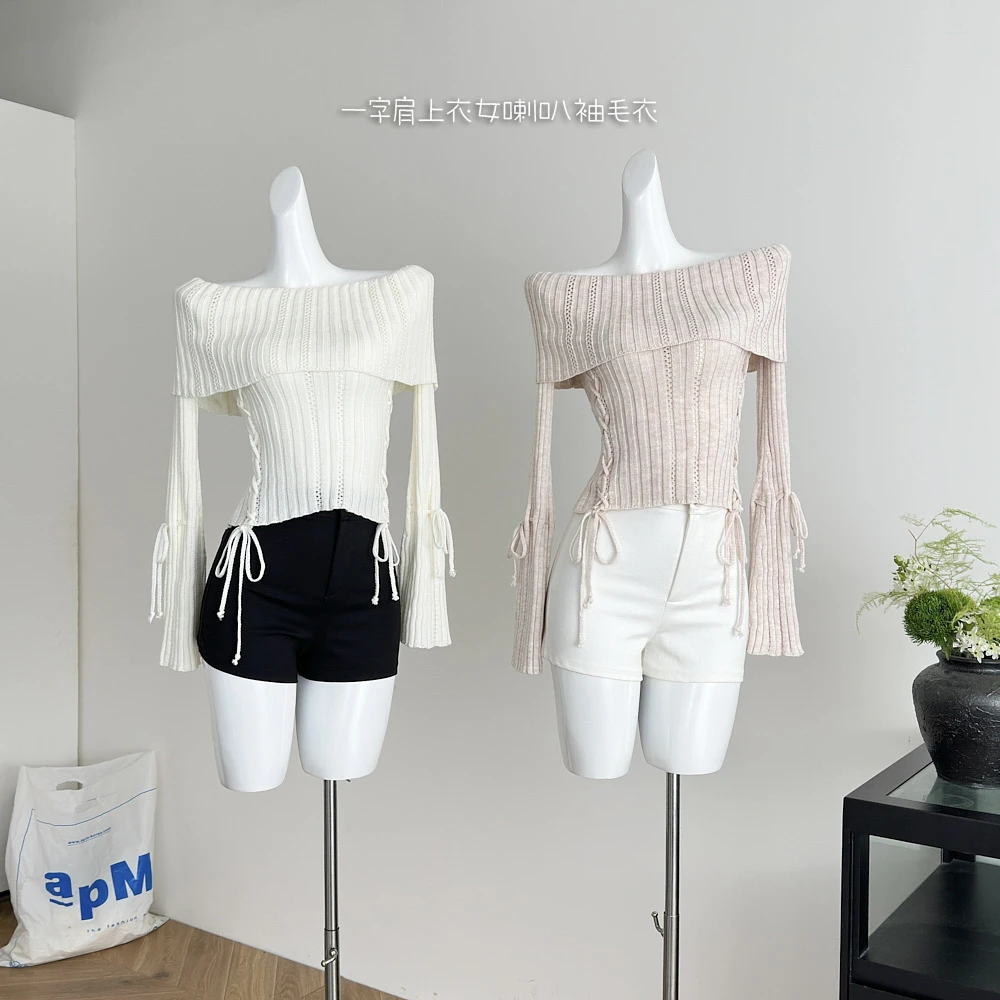 热狗心动甜心甜美温柔气质一字肩上衣女喇叭袖毛衣时尚针织很辣