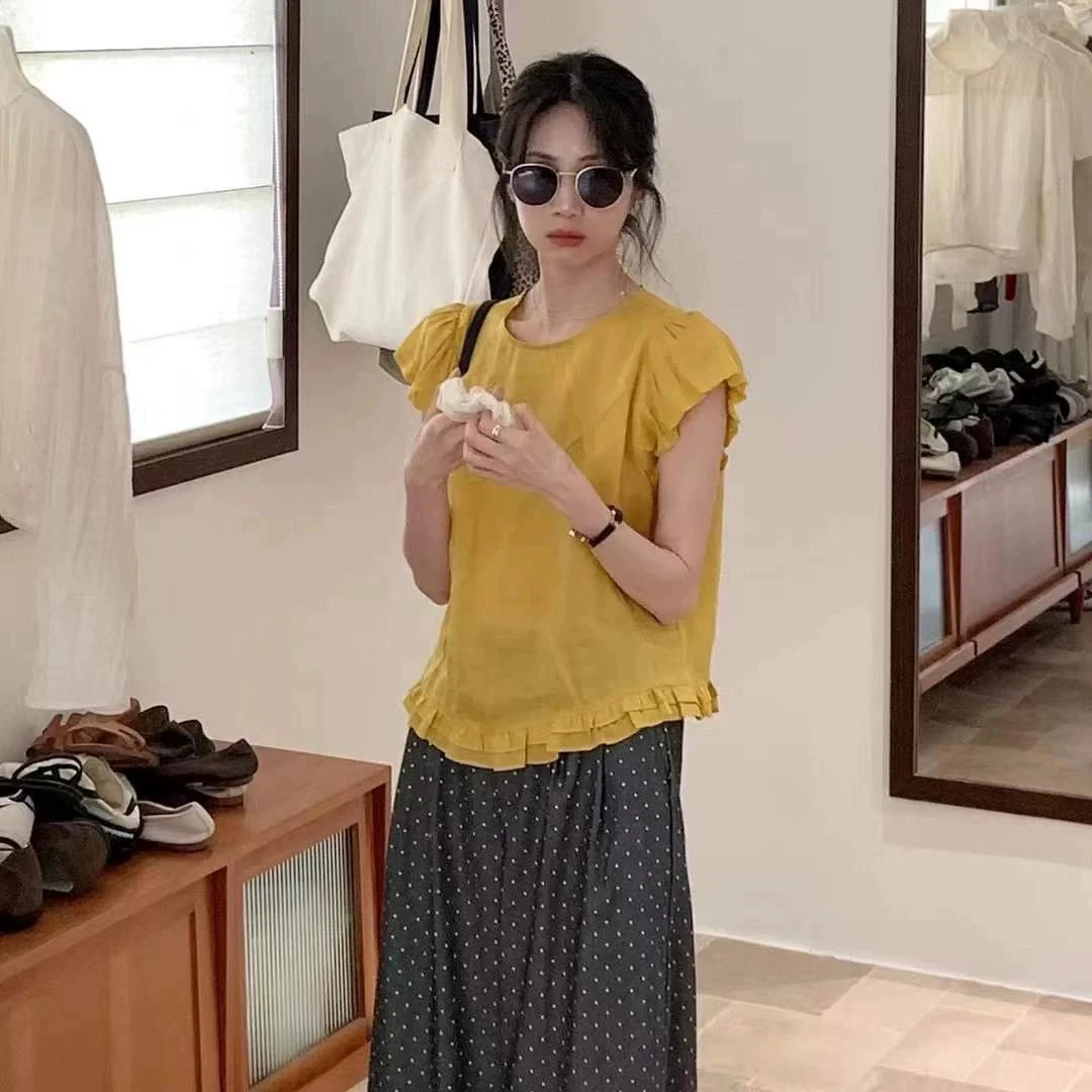 韩系甜美飞飞袖2025新款纯色显瘦花苞时尚木耳边洋气百搭短袖上衣