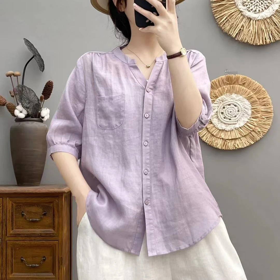 覆古文艺五分袖衬衫女装2025夏季新款设计感小众休闲百搭上衣苎麻