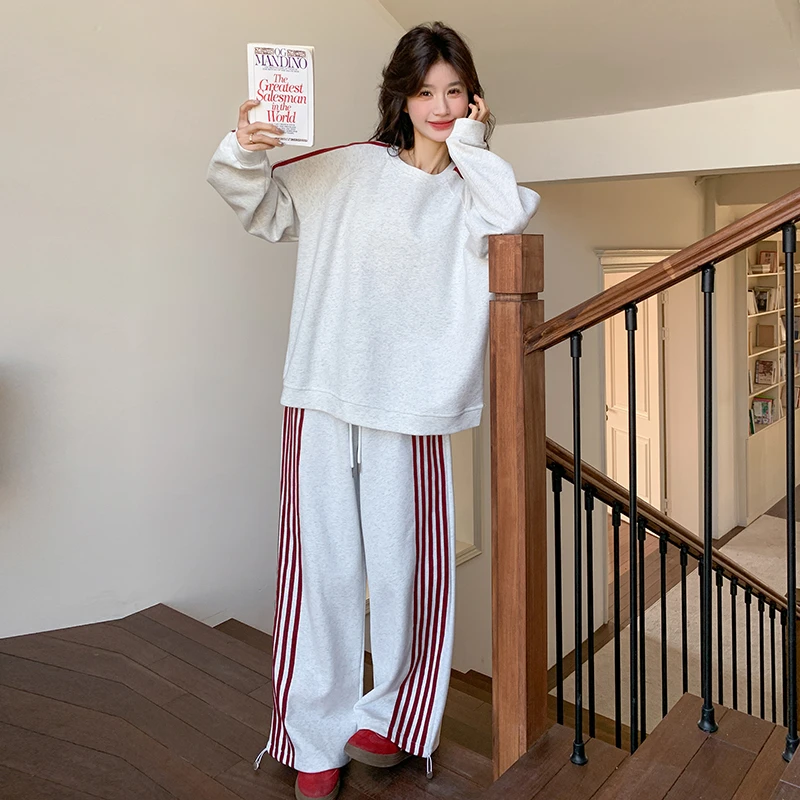 撞色炸街春秋新款休闲运动服套装宽松美式卫衣卫裤减龄慵懒两件套