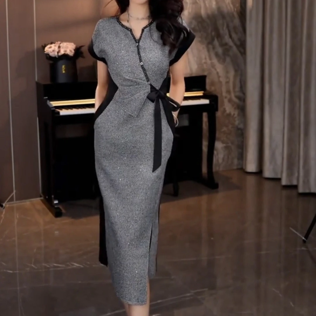 夏季气质收腰遮肚假两件连衣裙显瘦时尚法式修身设计感轻奢裙子女