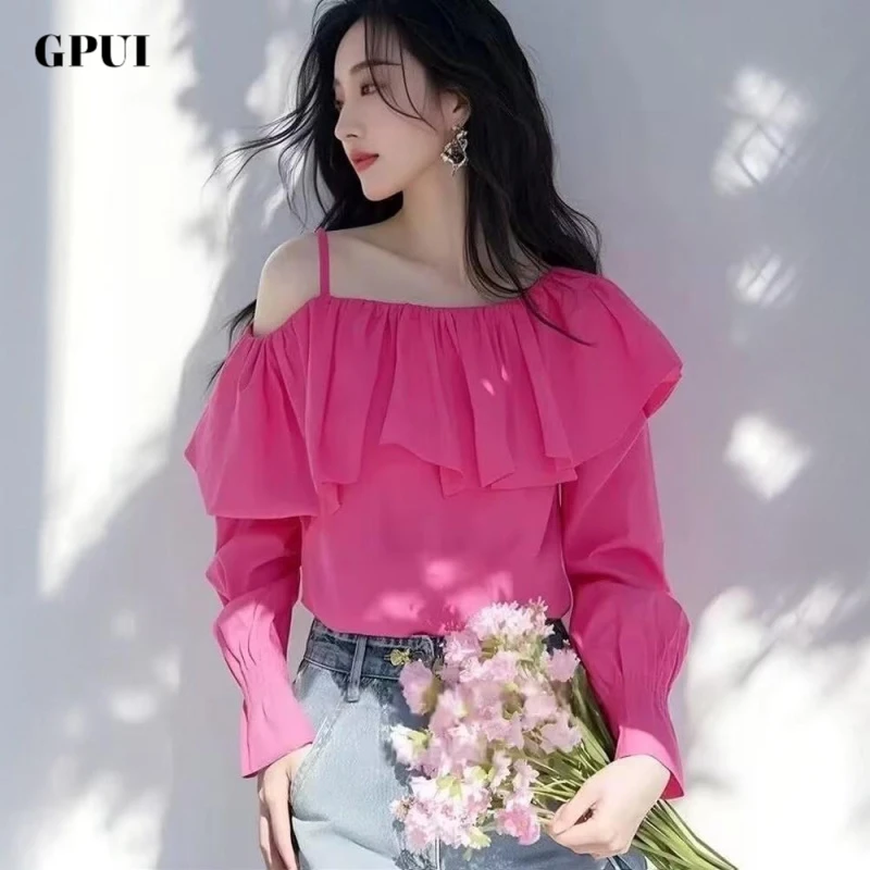 GPUI今年流行的超好看独特小衫玫红色一字气质法式宽松衬衫女夏