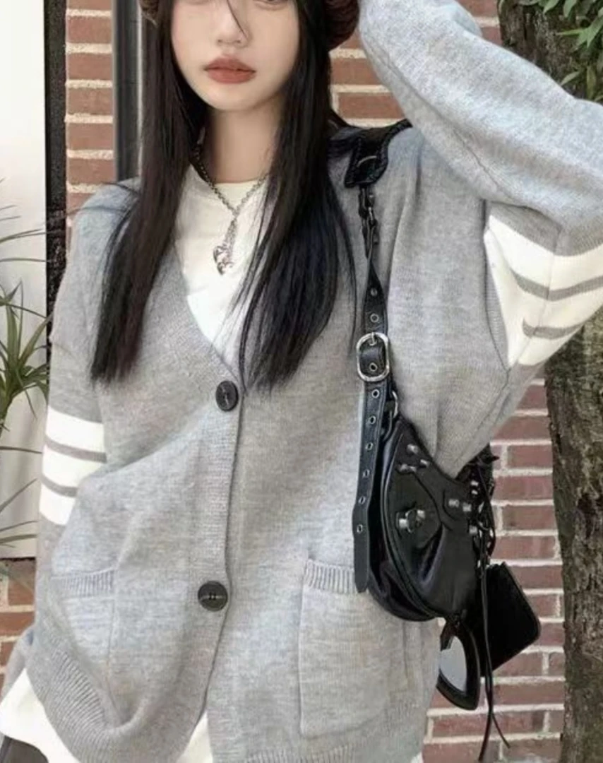 秋季休闲条纹袖V领毛衣外套新款复古宽松慵懒风针织开衫女上衣