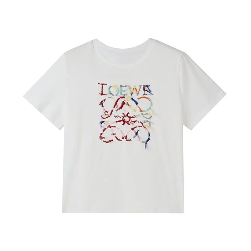 2525新款彩色刺绣白T恤艺术感字母图案简约高级