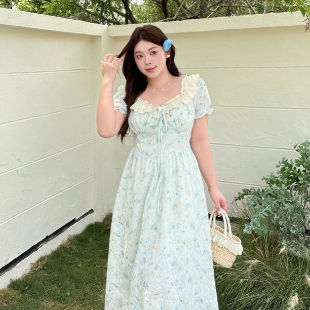 花酿晨曦｜大码法式碎花连衣裙女夏季胖mm显瘦收腰高级感甜美长裙