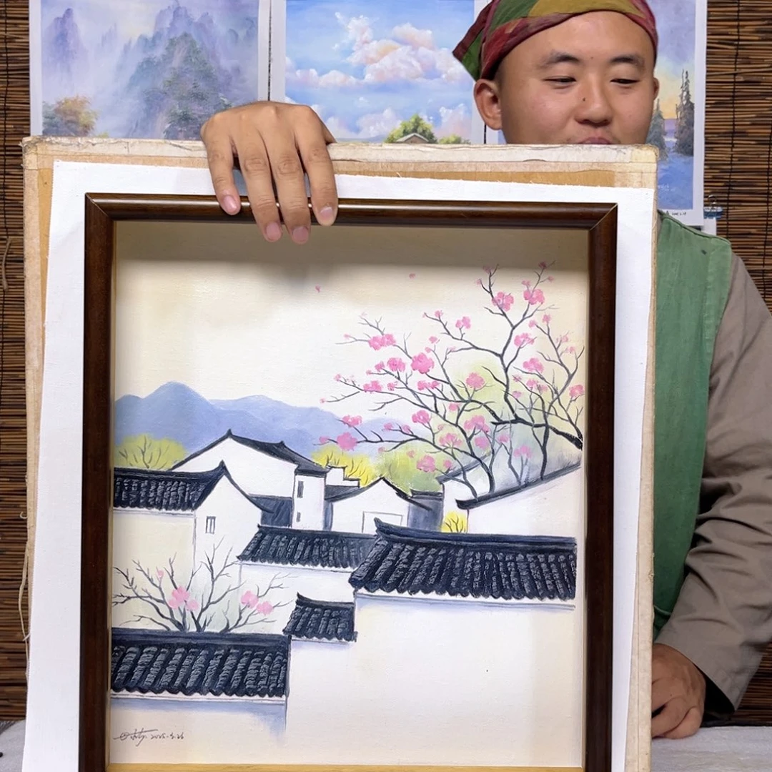 油画行路人小院绘画作品竞拍