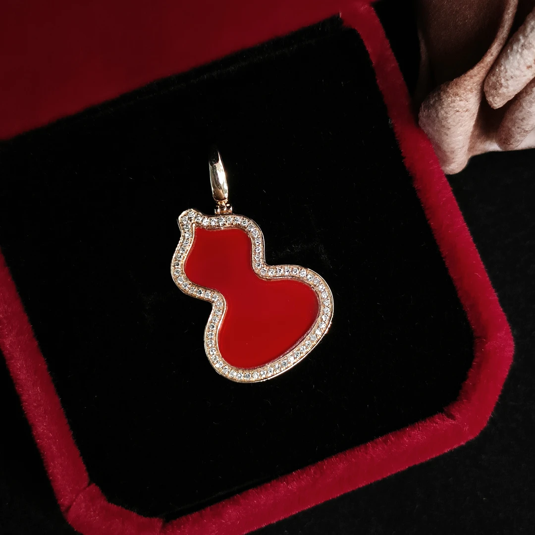 18k金红玛瑙葫芦吊坠（中号） 天然钻精致百搭红火福气红葫芦吊坠