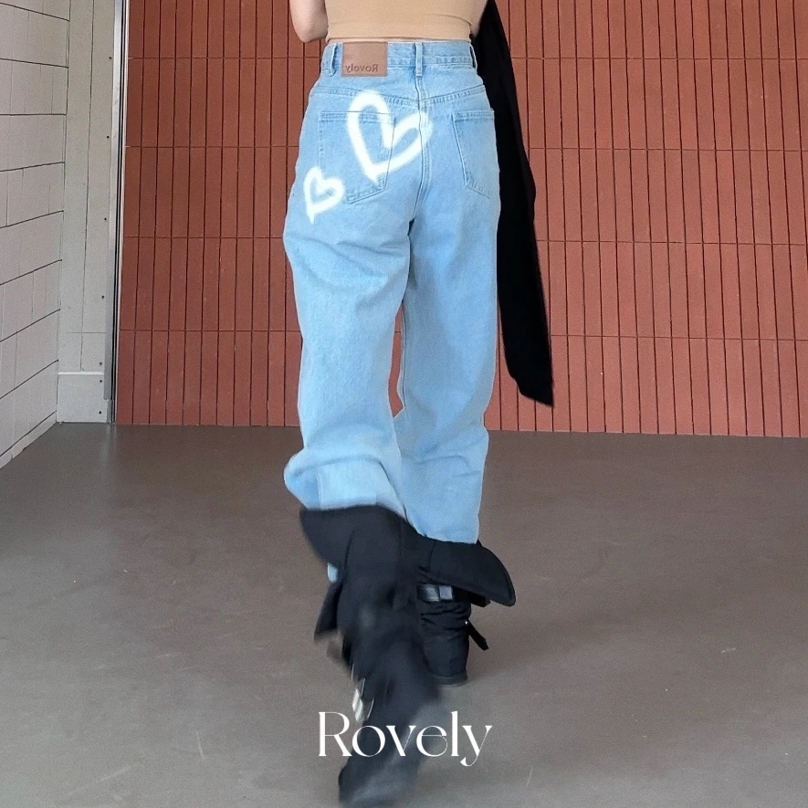 No退No换【藏肉Bug】东大门原单涂鸦爱心中高腰直筒水洗牛仔长裤