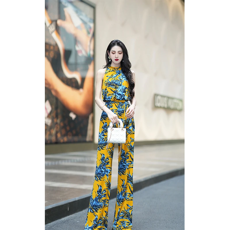 尤克菲儿轻奢高定水晶麻印花夏季优雅气质修身显瘦连体裤