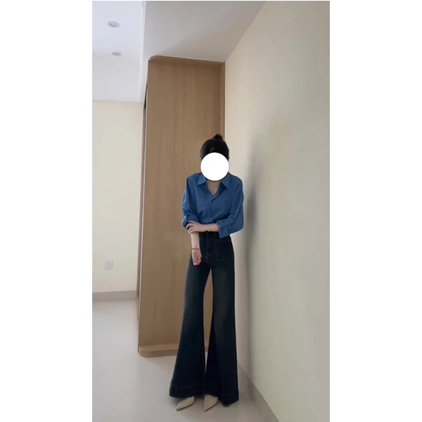 蓝色polo领长袖衬衫女2025春秋新款高级感宽松衬衣裤子两件套装