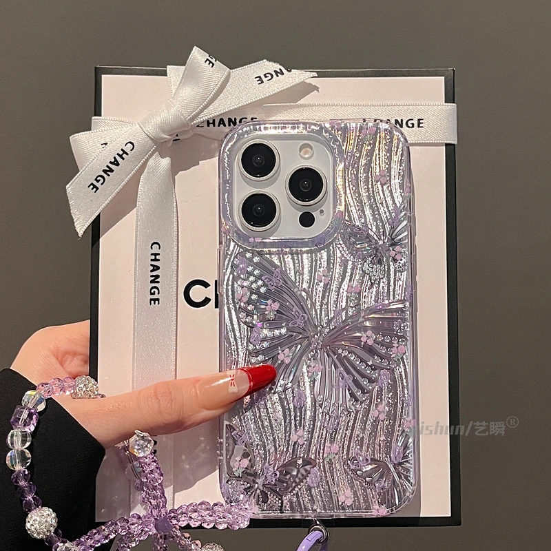 梦幻银色鎏光蝴蝶适用苹果16ProMax手机壳高颜值新款iPhone15pro