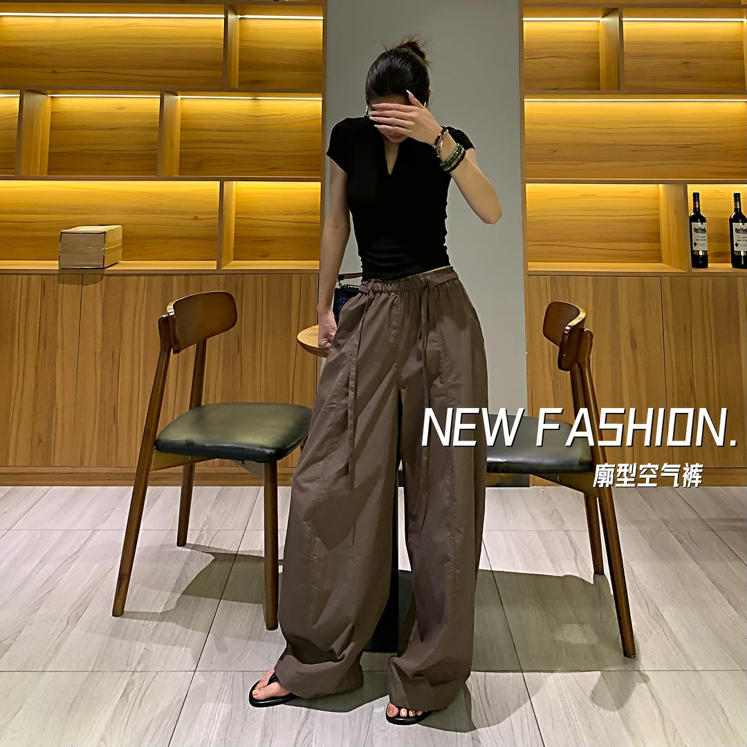 韩系挺阔弯刀空气裤女新款百搭显瘦木耳边压褶休闲阔腿裤长裤