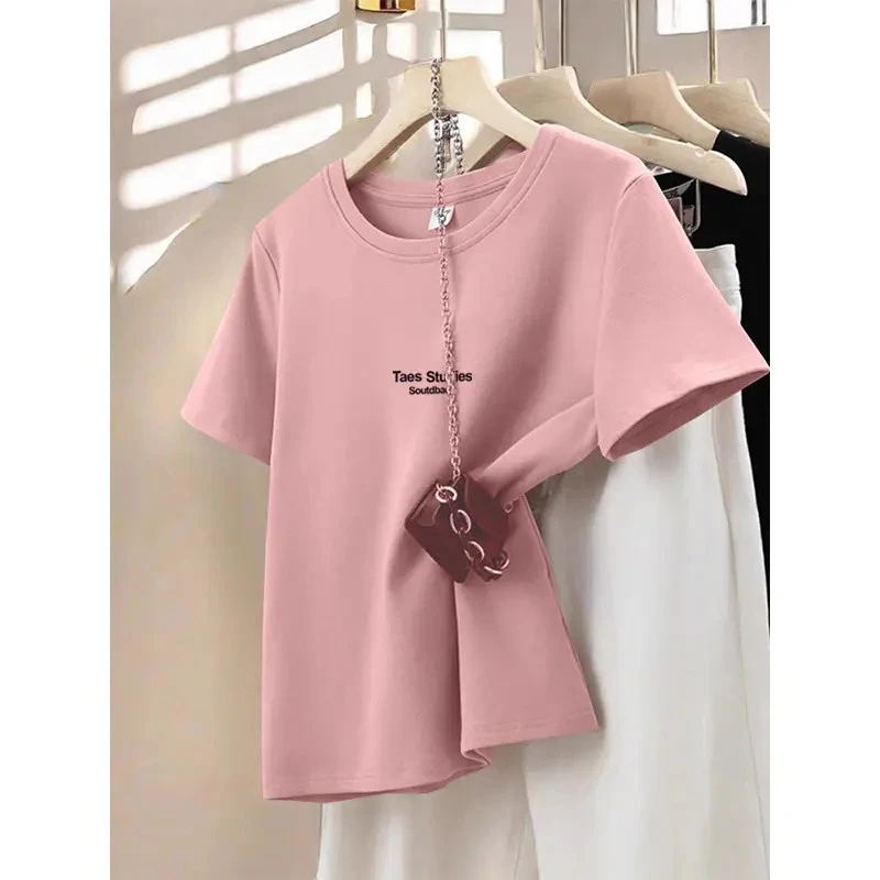 正肩磨毛粉色短袖t恤女2025年新款时尚百搭打底衫厚款上衣春夏季