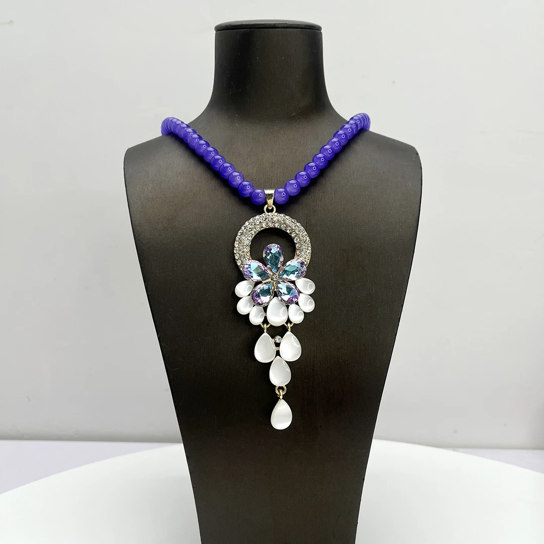 紫罗兰花朵猫眼流苏毛衣链气质小众设计女款长款项链首饰品