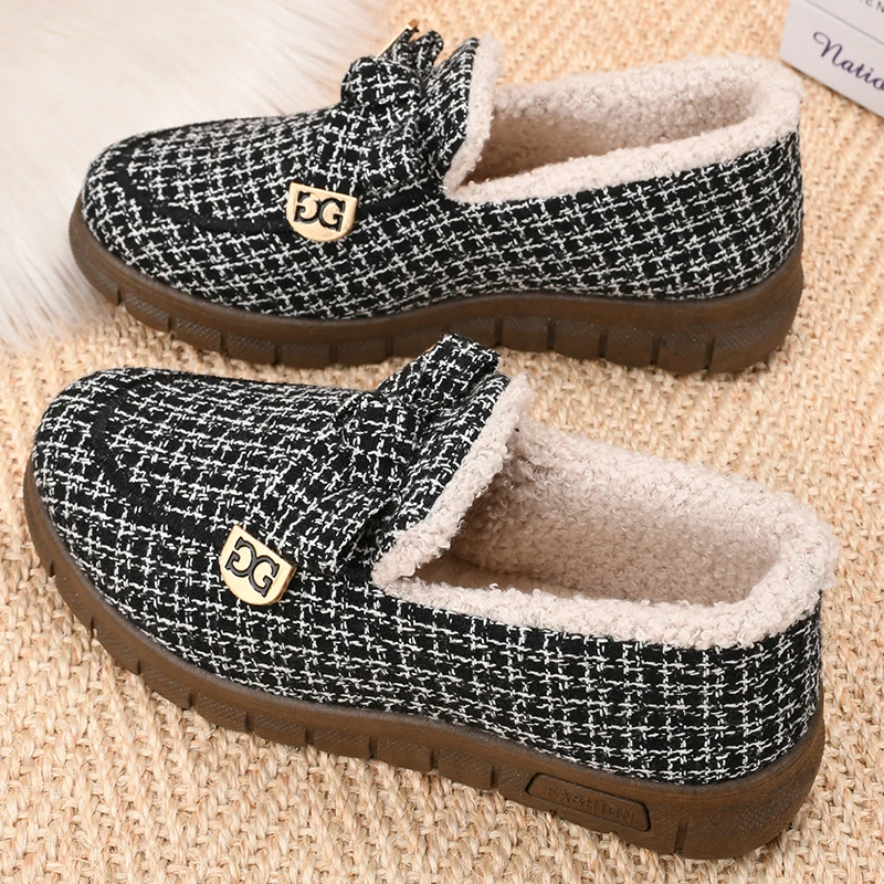 冬季新款老北京棉鞋女加绒保暖妈妈鞋一脚蹬软底防滑加厚豆豆棉靴