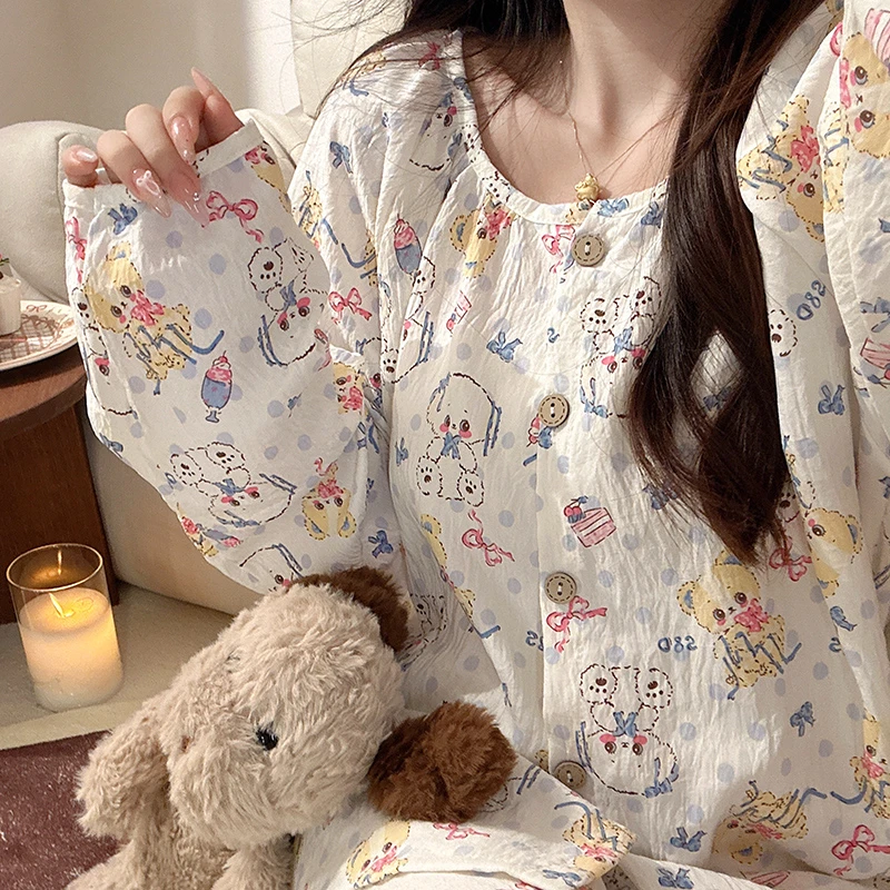 韩版甜美少女害羞坐姿小熊圆领开衫睡衣女春秋2025新款家居服套装
