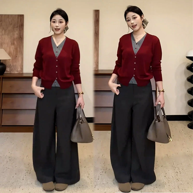 2025秋季新款设计感假两件撞色拼接v领长袖针织衫女休闲裤两件套