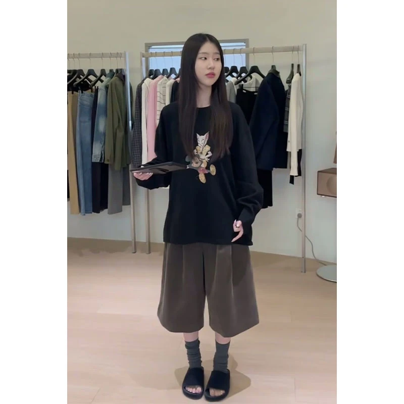 2025早秋新款女韩系穿搭宽松圆领印花长袖上衣百搭高腰显瘦阔腿裤