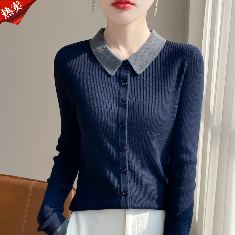 哥弟阿玛施正品秋冬新款翻领羊毛针织开衫时尚修身百搭毛衣上衣女