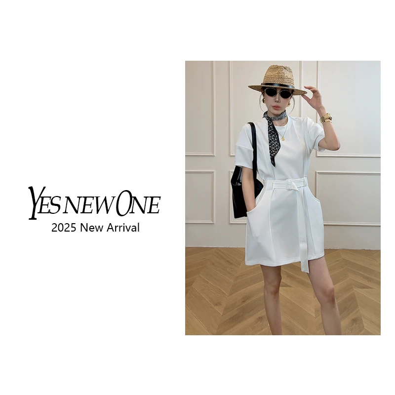 【大蟲家】韩版减龄气质灯笼袖带腰带收腰显瘦T恤连衣裙  2025夏季