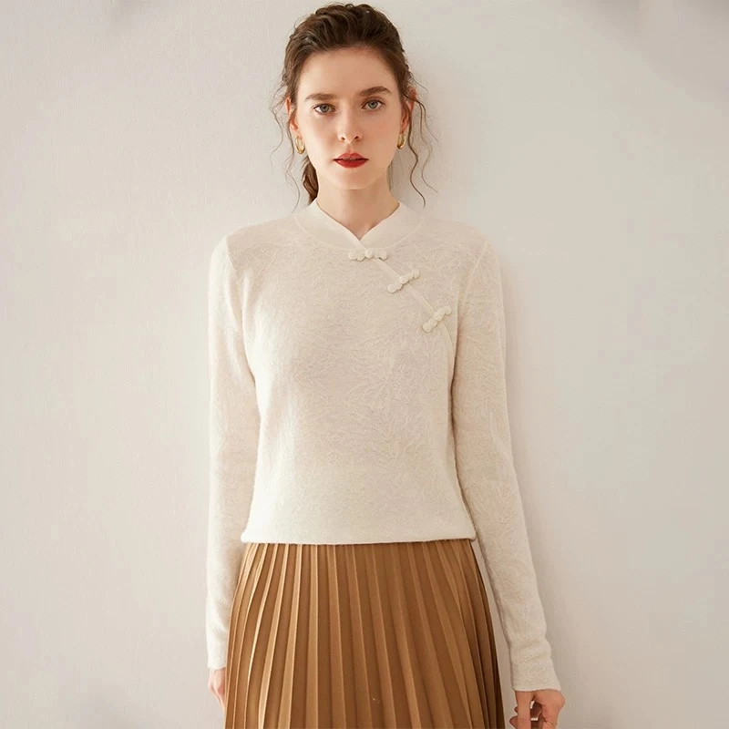 中式蕾丝打底衫精纺羊毛内搭半高领针织衫中式国风盘扣旗袍毛衣