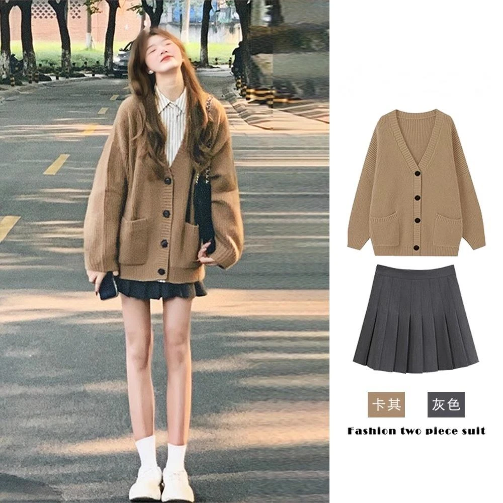 秋冬季小个子韩系气质穿搭套装女学院风针织毛衣外套百褶裙两件套