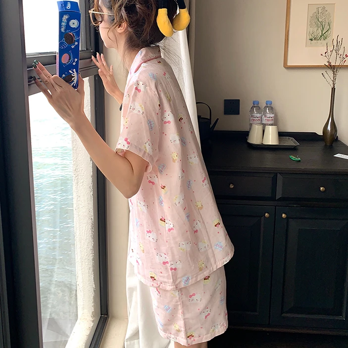 GPSUNLU甜美风可爱卡通猫波点睡衣女款夏季舒适透气可外穿家居服