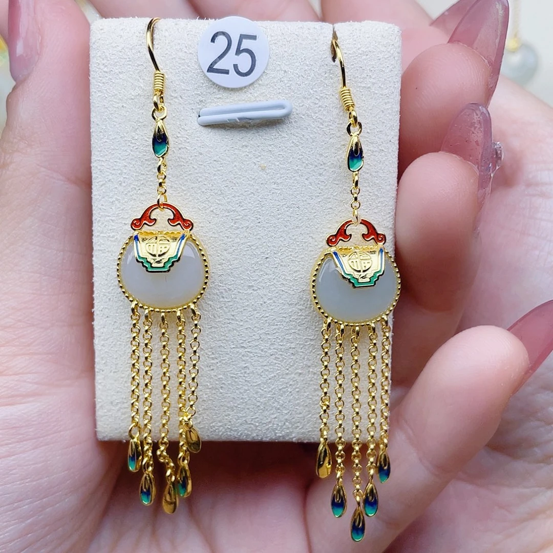 和田玉银S925镀金镶嵌耳饰