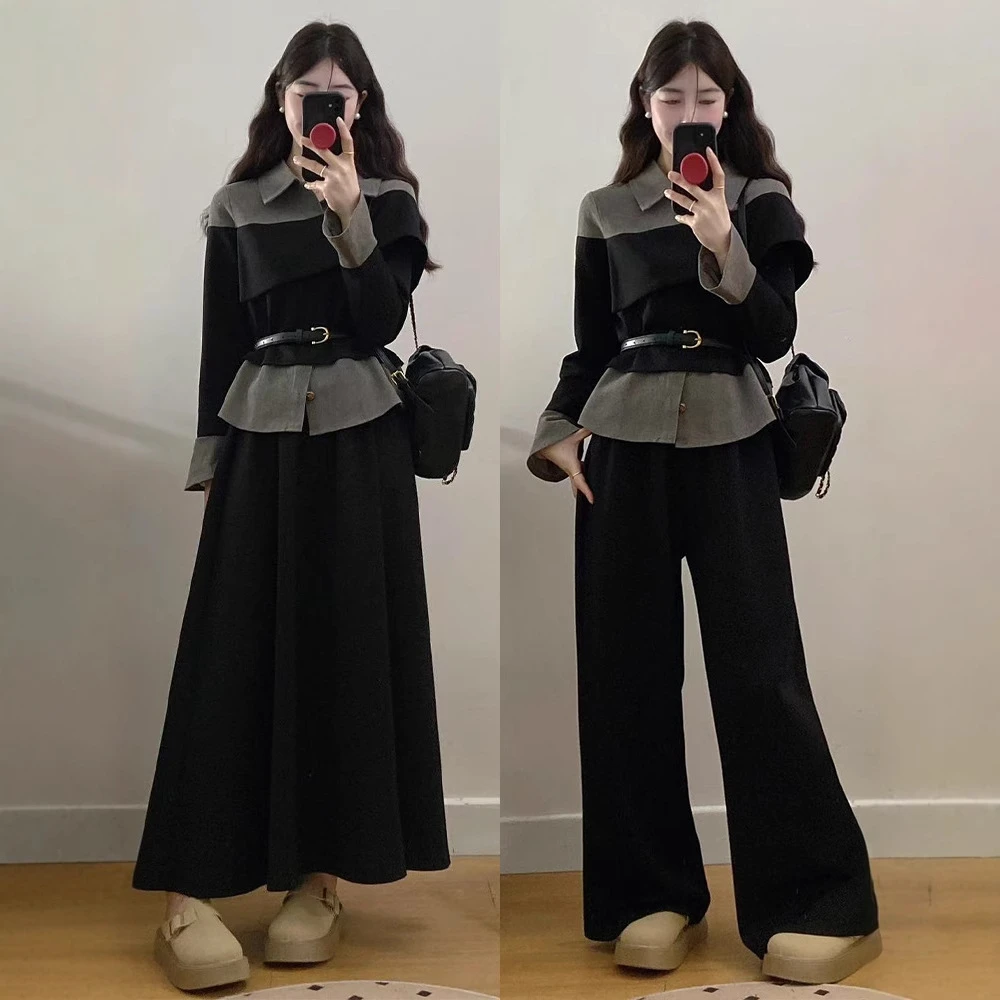 2025年新款大码女装胖mm新款牛仔拼接假两件上衣+裙子裤子两件套