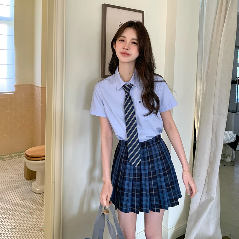 东京岁时记jk蓝白波普短袖衬衫基础款纯色上衣格裙套装学院风衬衣