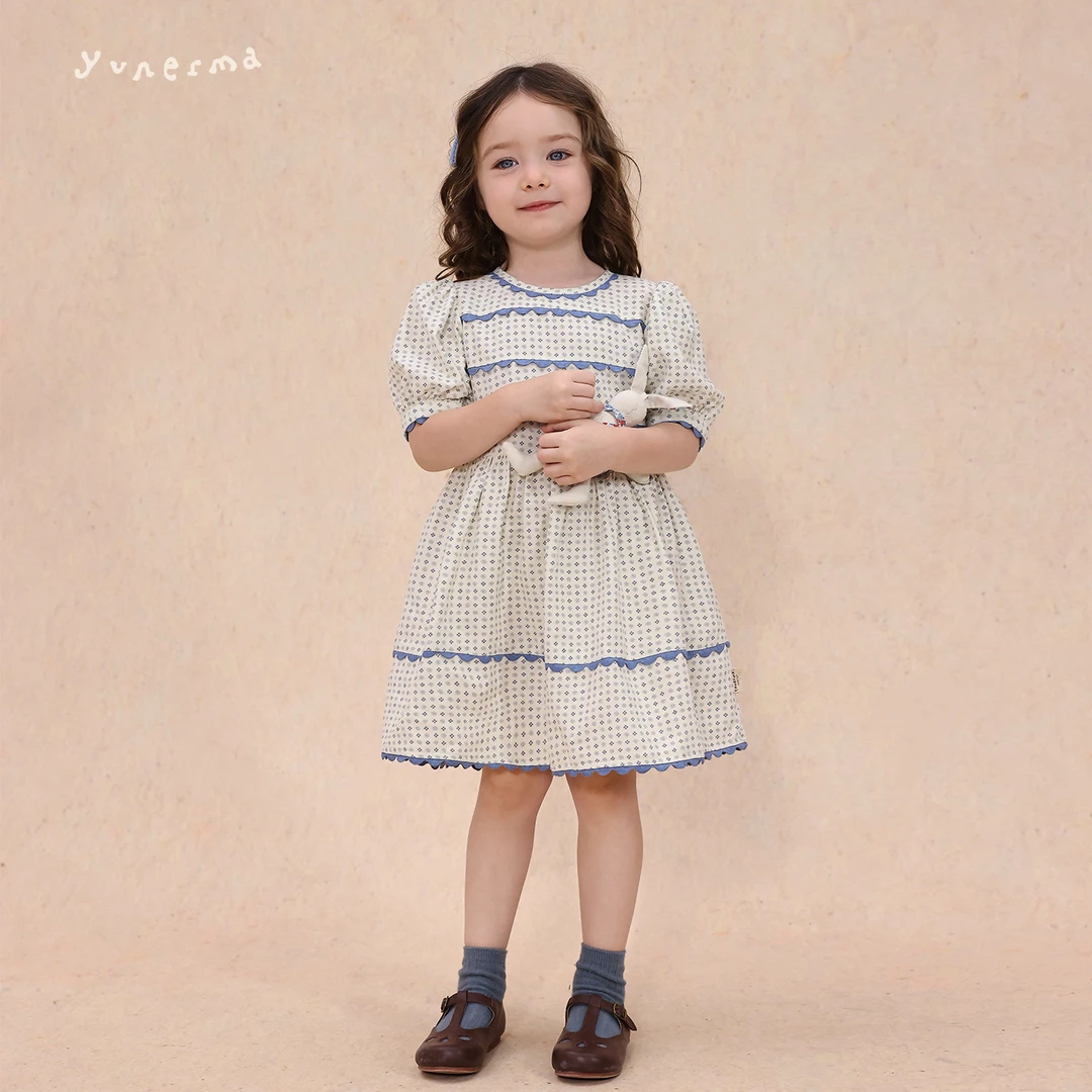 允儿妈女童2025新款法式复古棉麻碎花连衣裙宝宝洋气公主裙生日裙