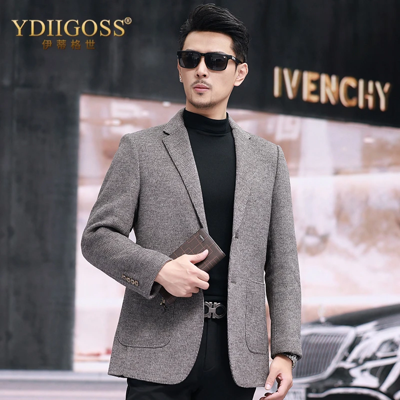 YDIIGOSS休闲羊毛西装修身男士时尚西服春秋季厚款双面毛呢外套男