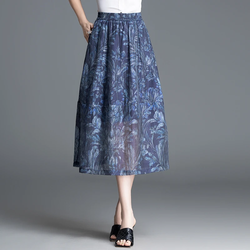 天丝麻印花花苞裙半身裙女夏季薄款气质裙子显瘦a字蓬蓬裙灯笼裙