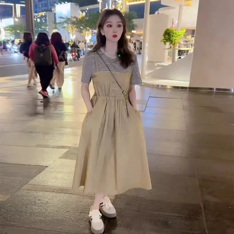 2025夏季新款假两件条纹撞色拼接连衣裙夏季新款收腰显瘦抽绳长裙