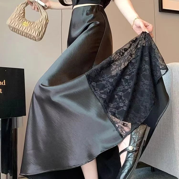 设计蕾丝拼接半身裙2025新款垂感春夏高腰A字鱼尾显瘦中长裙