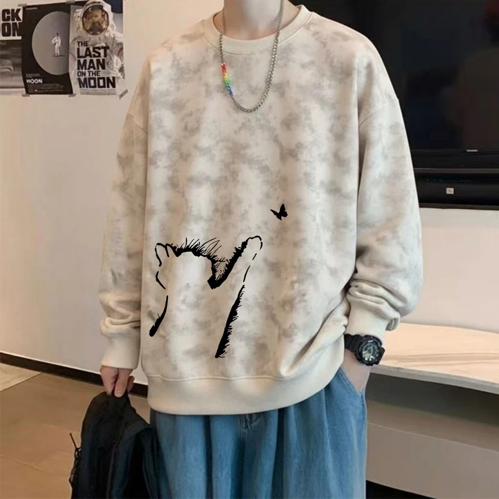 美式潮牌扎染圆领卫衣男生春秋季长袖打底衫学生大码宽松套头外套