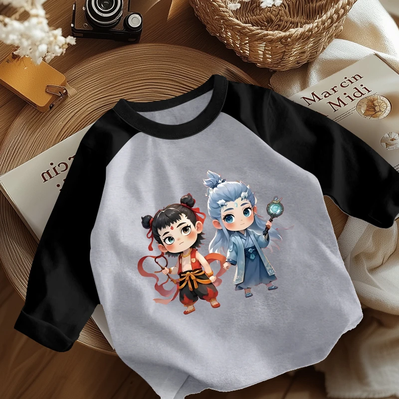 新款哪吒童装纯棉春秋儿童长袖宝宝T恤男女童上衣卡通洋气打底衫