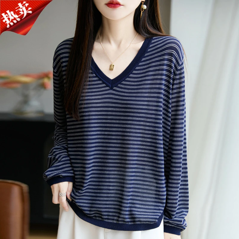 时尚品牌施正品慵懒风条纹长袖针织衫V领显瘦休闲打底衫上衣秋季