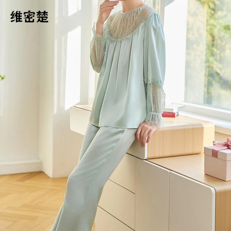 维密楚春夏新重磅真丝睡衣女套装法式仙女风高级感蕾丝圆领桑蚕
