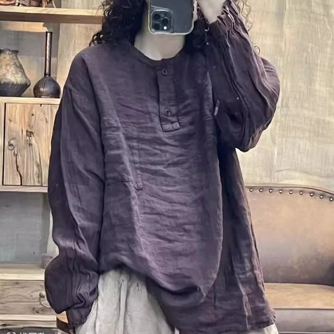 F8617 秋季新品亚麻半扣女士亚麻上衣 胸围124长73