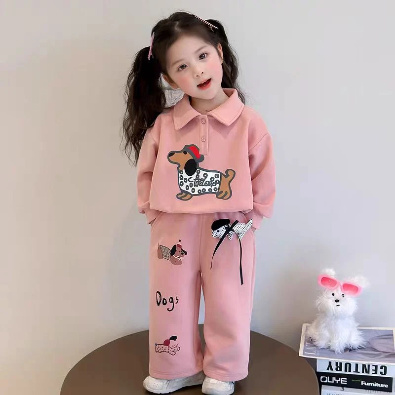 52177女童春装洋气休闲卫衣套装2025新款女宝宝卡通腊肠小狗衣服