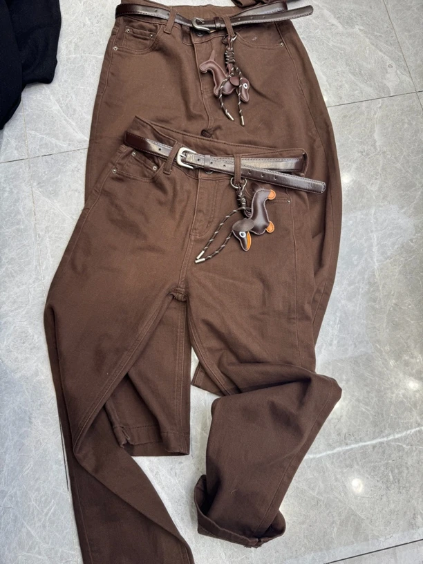 小敏家欧货咖色牛仔烟管裤