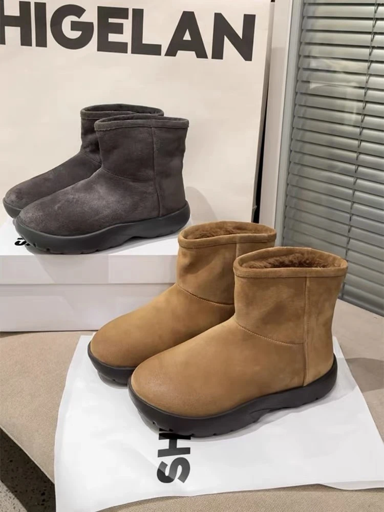 诗歌兰女靴2025冬季新品厚底时尚复古磨砂皮羊毛保暖雪地靴马丁靴