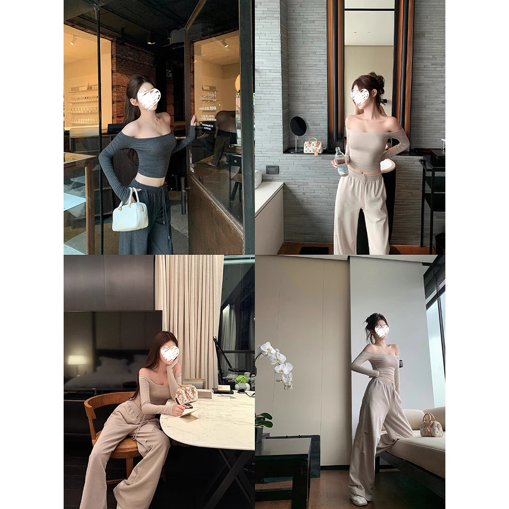 一字肩长袖修身T恤女+直筒宽松长裤套装  60290