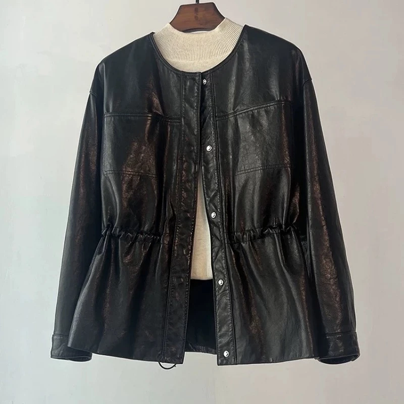 2025春款新款上新真皮绵羊皮时尚休闲气质黑色百搭皮衣7005