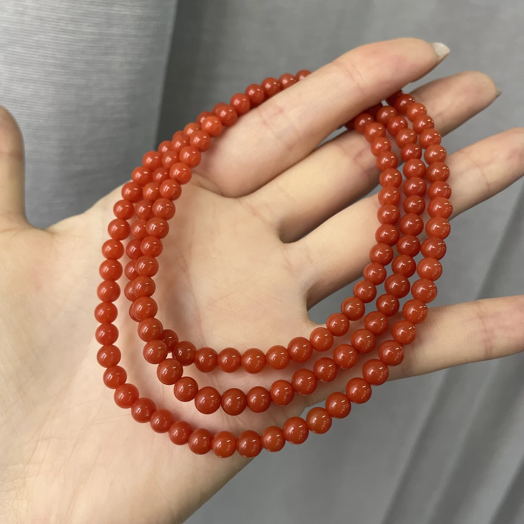 保山锦红满色满肉南红玛瑙圆珠手串多圈5-6mm