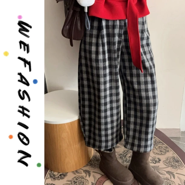 【WE】加绒加厚格子八分阔腿休闲裤