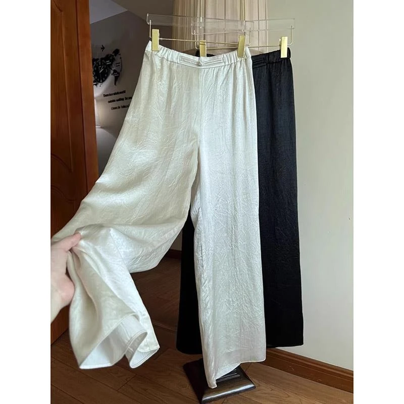 黑色醋酸缎面阔腿裤女夏季2025新款高腰垂感显瘦小个子春季长裤子